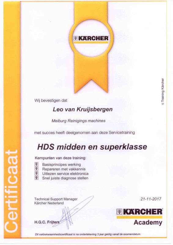 Certificaat HDS midden en superklasse