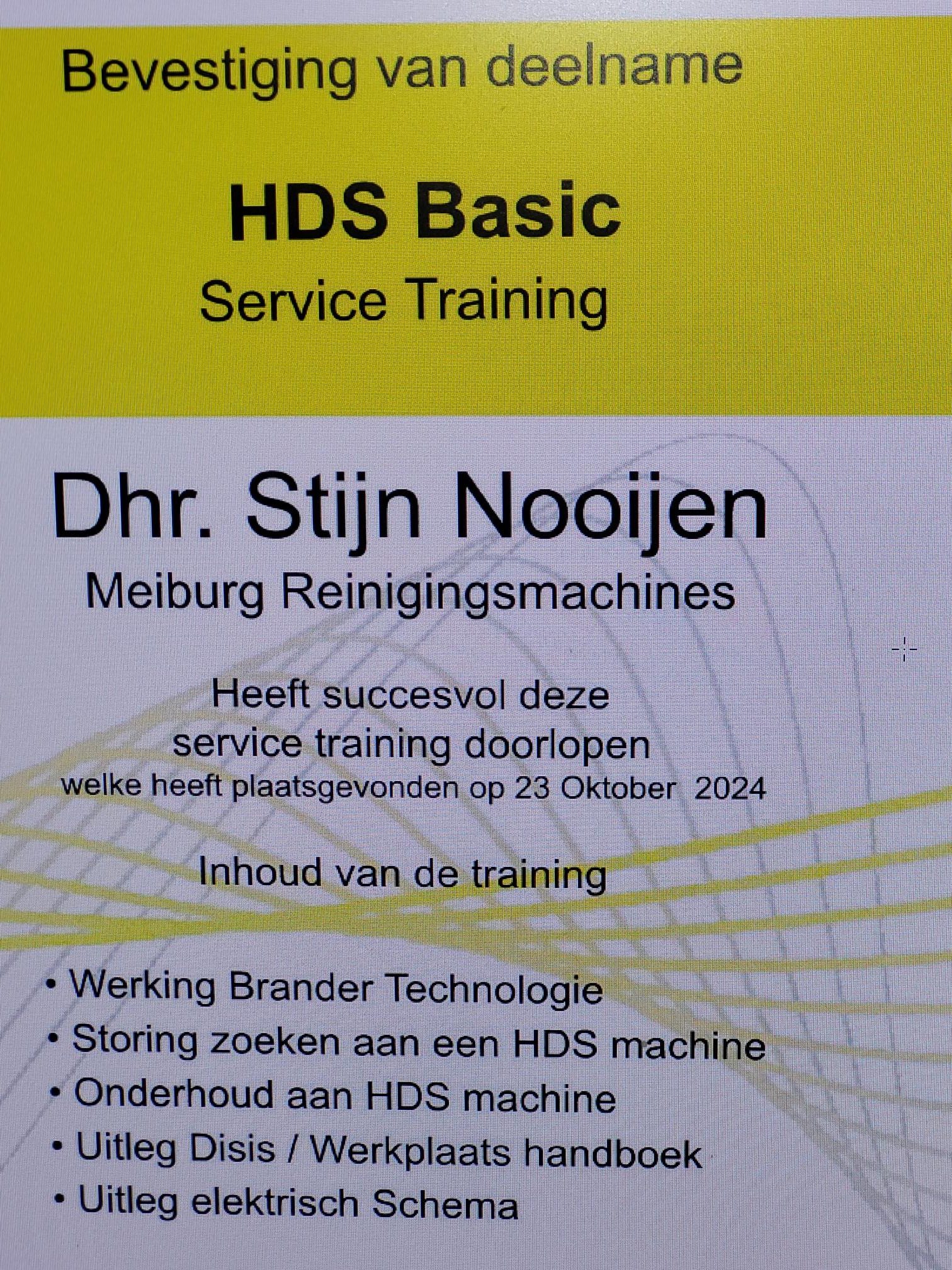 Certificaat Basic HDS Service Training